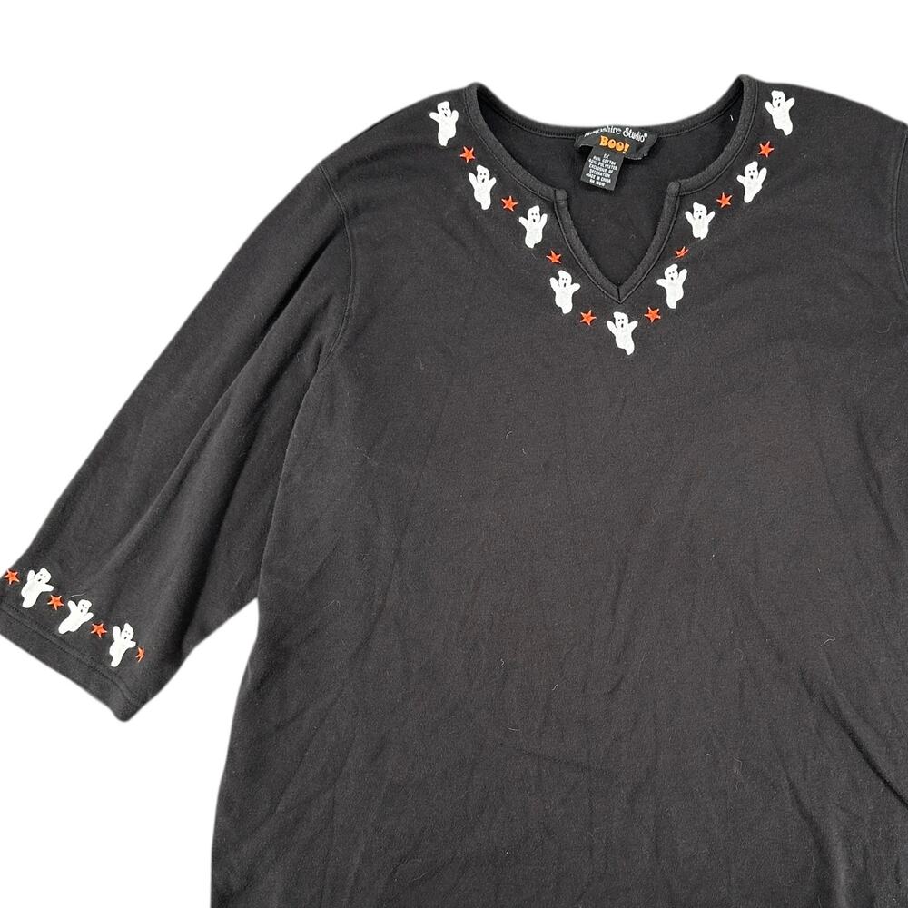 Hampshire Studio Black Vintage 90s Halloween Ghost V-Neck T-Shirt 1X Plus Size